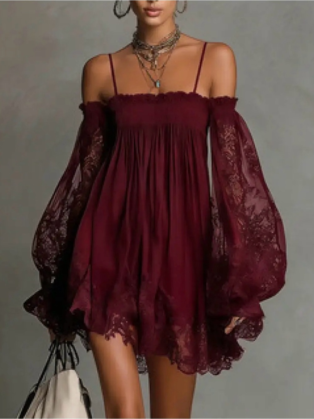 So Chic Boutique Off-Shoulder Red Wine Lace Swing Dress